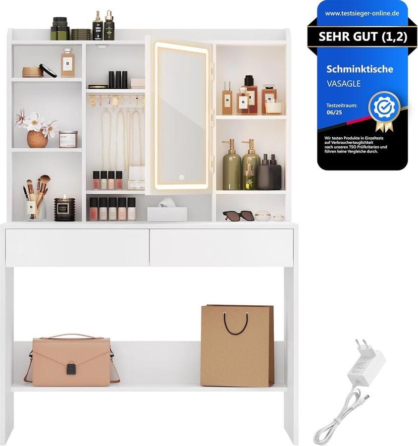 HomeByNicole Luxurious Schminktisch mit LED-Beleuchtung – 3 Lichtfarben & Helligkeit einstellbar – Großer Frisiertisch mit Spiegel 2 Schubladen & verstellbaren Ablagen – Moderner Kosmetiktisch Weiß für Schlafzimmer & Ankleidezimmer
