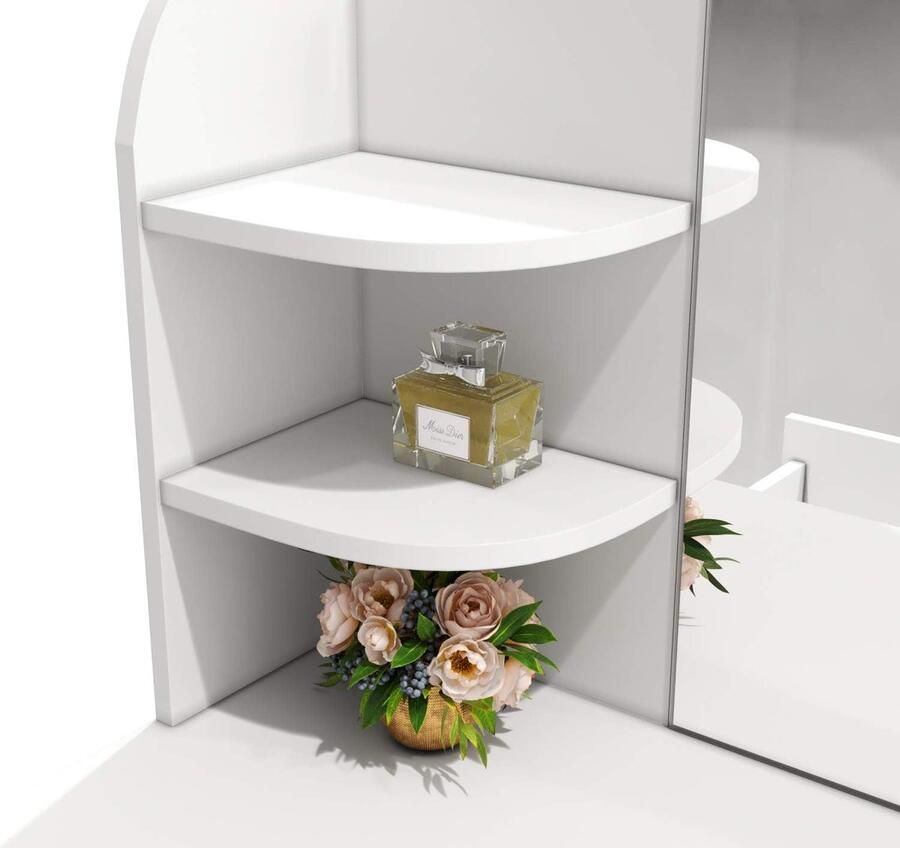 HomeByNicole Luxurious Vanity Table with LED Hollywood Mirror & Stool – Modern Makeup Desk with 10 Adjustable Lights 3 Color Modes Drawer & 6 Open Shelves – White Dressing Table 108x40x140cm for Bedroom & Beauty Studio