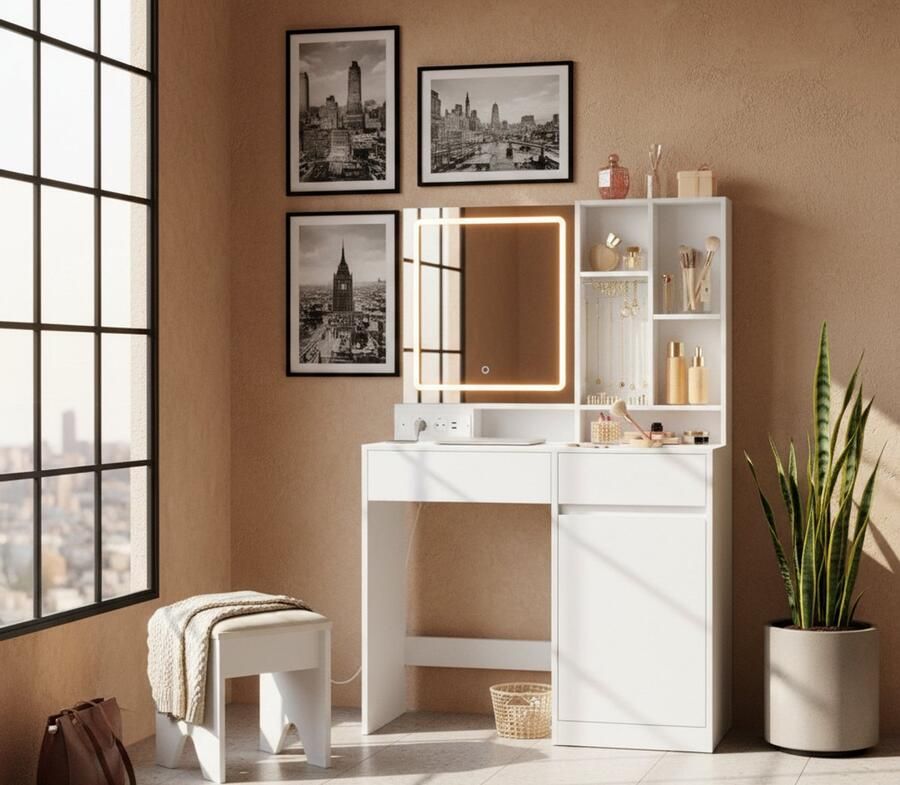 HomeByNicole Luxurious Vanity Table with LED Mirror & Charging Station – Makeup Desk with Drawers Adjustable Shelves Necklace Hooks & Touch Light Control – Elegant Cloud White 90 cm