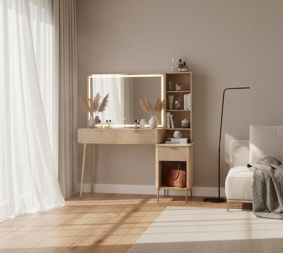 HomeByNicole Luxury Schminktisch mit LED Beleuchtung & Großem HD Spiegel – Moderner Frisiertisch aus Holz mit 5 Schubladen Glasplatte & 3 Lichtmodi – Schminktisch Natur Eiche 122x40x136 cm