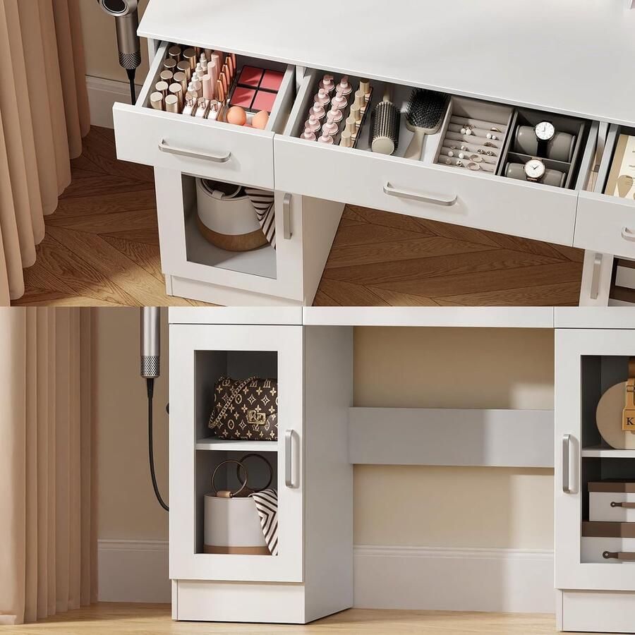 HomeByNicole Luxury Vanity Table with LED Mirror & Stool – Adjustable 3-Color Lighting 3 Drawers & 9 Open Shelves – Modern Makeup Desk with Storage for Bedroom – White (110x40x140 cm)