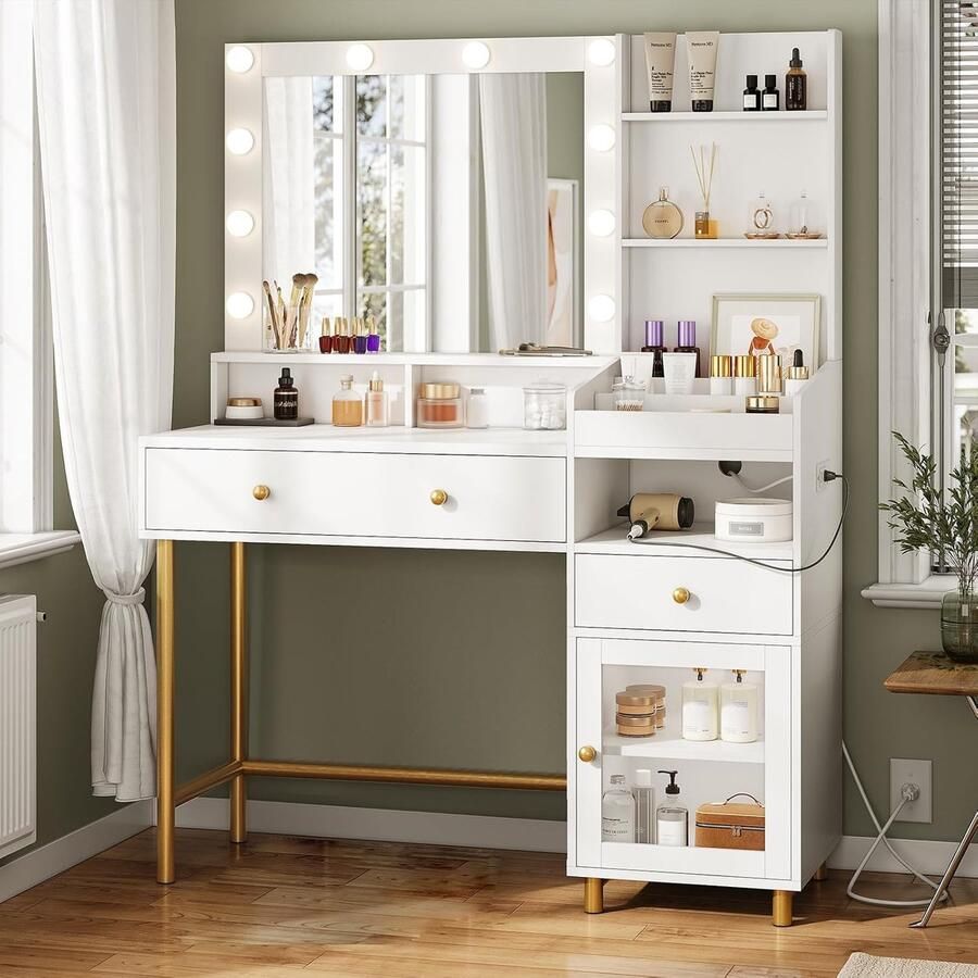 HomeByNicole Luxury White Makeup Vanity Table with LED Mirror USB Charging Ports & 3 Light Modes – Modern Dressing Table with Drawers Storage Cabinet & Glass Door 96×40×142 cm