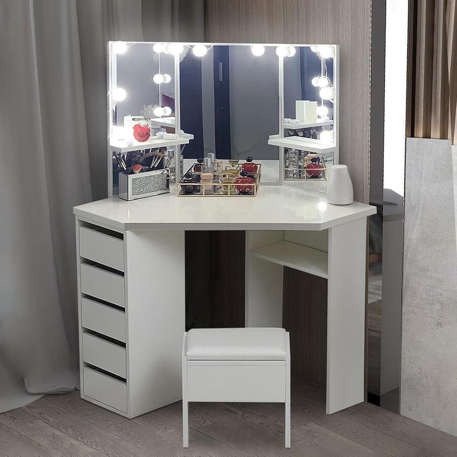 HomeByNicole Luxus Eck Schminktisch mit LED Hollywood Spiegel & 3 Farbmodi – Weißer Frisiertisch mit 5 Schubladen & Hocker – Moderner Kosmetiktisch mit großer Hochglanz-Tischplatte & Stauraum – Schminkkommode fürs Schlafzimmer