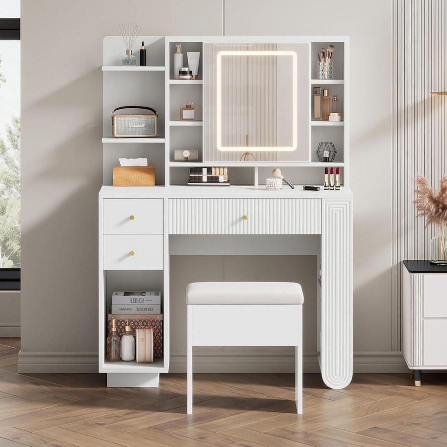 HomeByNicole Luxus Schminktisch mit Beleuchtung & Spiegel – Moderner Frisiertisch mit Hocker 3 Lichtfarben Schubladen & Offener Ablage Weiß Gold – 100×40×138 cm Make-up Tisch für Schlafzimmer