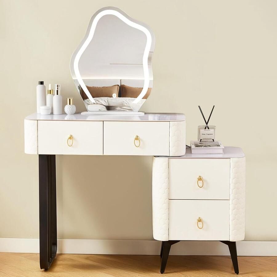 HomeByNicole Luxus Schminktisch mit LED Beleuchtung & Spiegel – Weißer Frisiertisch aus Kunstleder & Gehärtetem Glas – Ausziehbar 80–110 cm – 4 Schubladen – Moderner Kosmetiktisch für Schlafzimmer – Stilvoll & Langlebig