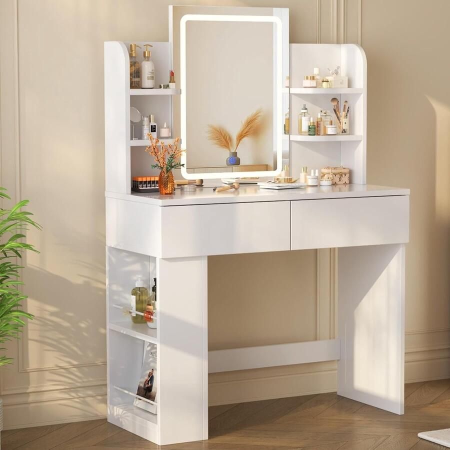 HomeByNicole Luxus Schminktisch mit LED-Beleuchtung Spiegel & 2 Schubladen – Moderner Kosmetiktisch für Schlafzimmer 90x40x135 cm Weiß