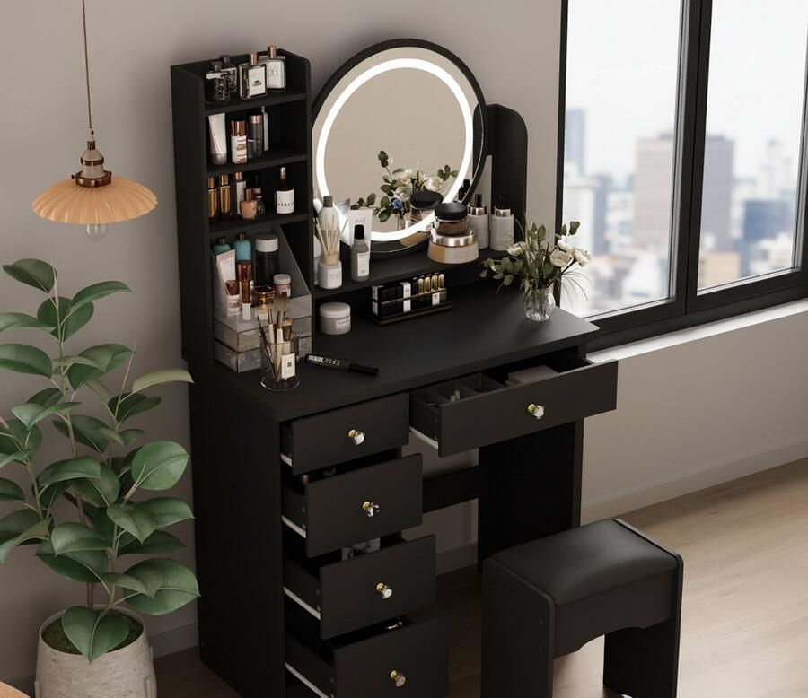 HomeByNicole Luxus Schminktisch mit LED Spiegel & Beleuchtung – Moderner Frisiertisch mit 5 Schubladen offenen Regalen & Hocker – Kosmetiktisch in Schwarz 135x80x40 cm – Make-up Tisch mit Touch-Steuerung & Dimmbarer Beleuchtung