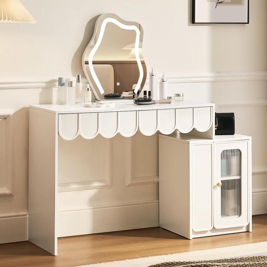 HomeByNicole Luxus Schminktisch mit LED-Spiegel – Moderner Frisiertisch mit 3 Lichtfarben & Touch-Bedienung – Großer Kosmetiktisch mit Schubladen & Seitenschrank – Elegantes Make-up Möbel für Schlafzimmer & Ankleidezimmer Weiß