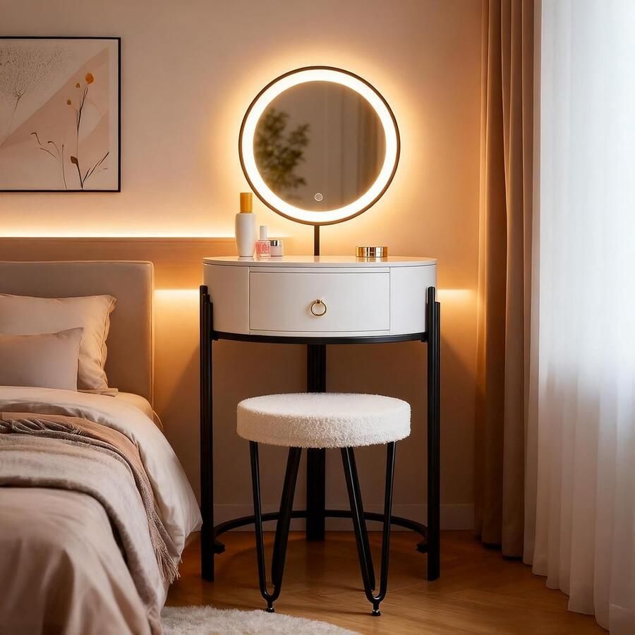 HomeByNicole Luxus Schminktisch mit LED Spiegel Runder Kosmetiktisch 55 cm Weiß mit Schublade & Hocker Modernes Design für Schlafzimmer und Make-up