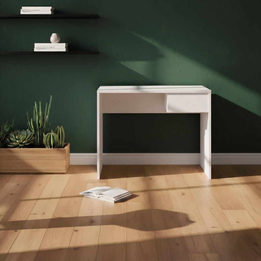 HomeByNicole Modern Computertafel met Lade – Compact Bureau 90 cm – Home Office Werktafel – Rechthoekig Schrijf- en Kantoor Bureau – Wit –