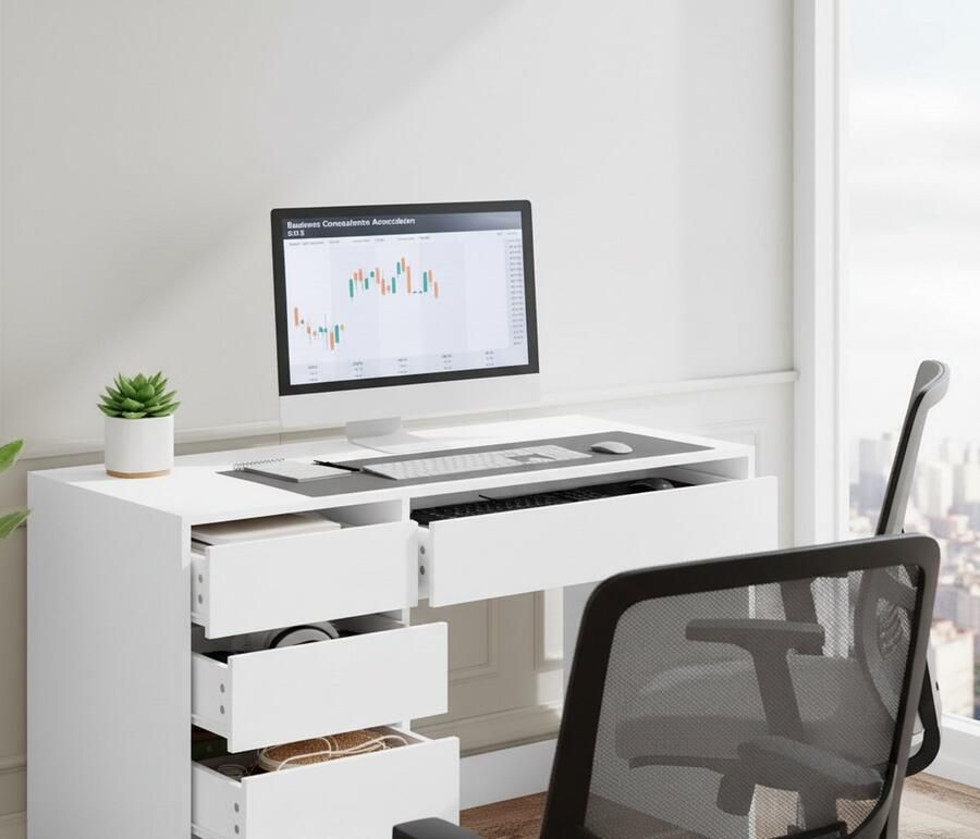 HomeByNicole Modern White Vanity Desk with 5 Drawers – Multifunctional Makeup Office & Study Desk for Bedroom Kids Room or Home Office 120x55x75 cm