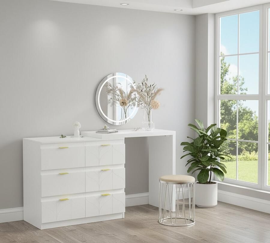 HomeByNicole Moderner Schminktisch mit 6 Schubladen & Drehbarer Tischplatte (180°) – Frisiertisch & Nachttisch Kombination – Kosmetiktisch mit Goldgriffen & Großem Stauraum – Weiß – 40x80x73cm – Ohne Spiegel