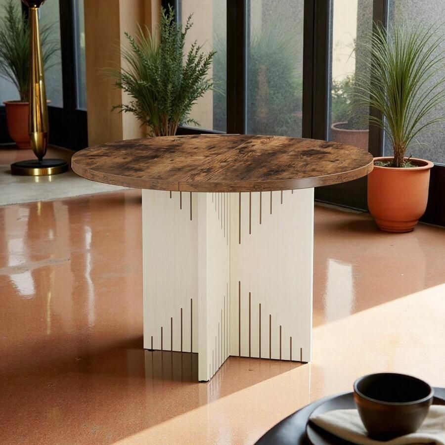 HomeByNicole Ronde Eettafel 100 cm – Houten Esstisch met Stabiele Kruisvoet – Rustieke Boerenhuis Tafel voor 4 Personen – Keuken Eetkamer & Woonkamer – Bruin Beige –