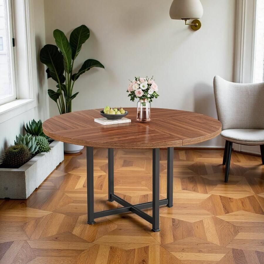 HomeByNicole Ronde Eettafel 120 cm – Industriële Eettafel met Robuust Metalen X-Frame – Houten Tafelblad in Rustiek Bruin & Zwart – Geschikt voor 4-6 Personen – Compacte Keuken- & Woonkamer Tafel –