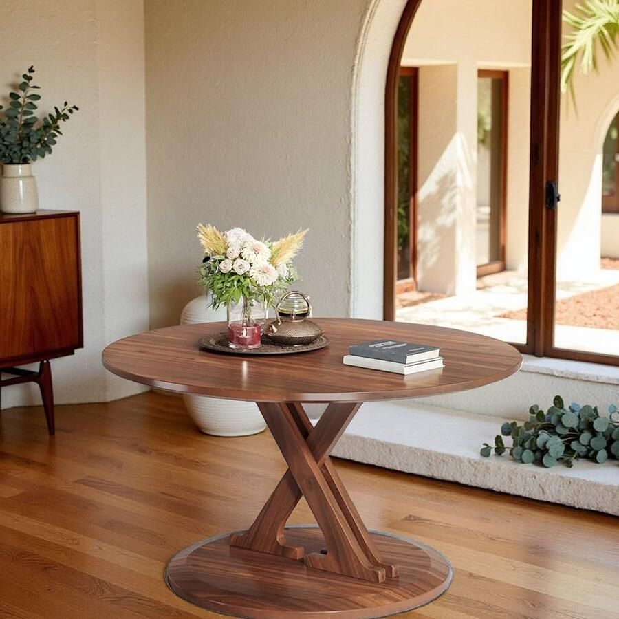 HomeByNicole Ronde Industrieel Houten Salontafel – 80 cm Koffietafel voor Woonkamer – Robuuste Rustieke Bijzettafel met X-Frame Onderstel – Vintage Bruin –