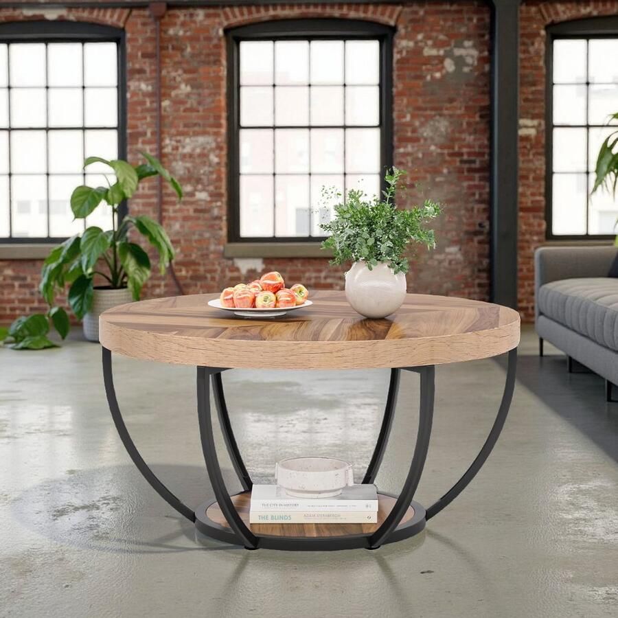 HomeByNicole Ronde Salontafel – Industrieel Tafel met 2 Lagen – Bijzettafel met Opbergruimte – Ø80 cm Houtlook Metaal –