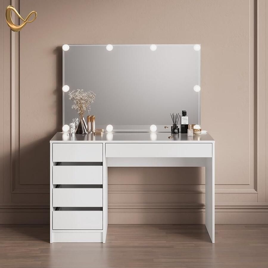 HomeByNicole Schminktisch Eleganza 120 cm – Weiß – LED Beleuchtung & Großer Spiegel – Moderner Frisiertisch mit 5 Schubladen – Kosmetiktisch für Schlafzimmer & Make-up Bereich – Stilvoll Funktional & Elegant