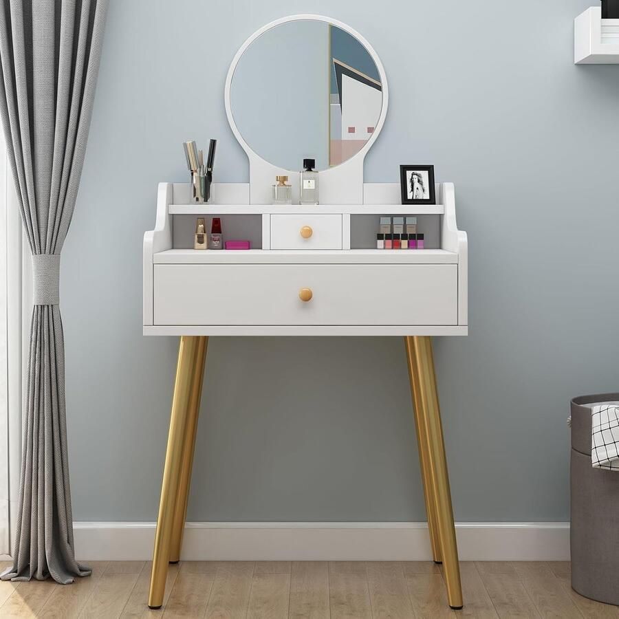 HomeByNicole Schminktisch met Spiegel – Moderne Make-up Tafel van Hout – Kaptafel met 2 Lades – Sierlijke Make-up Meubel voor Slaapkamer – Stabiele Constructie – Witte Frisiertafel met Opslag – 126 cm Hoog