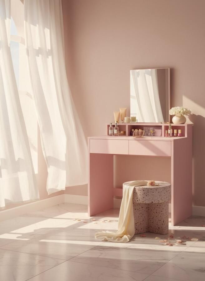 HomeByNicole Schminktisch mit großem Spiegel – Moderner Frisiertisch mit 2 Schubladen & 3 offenen Fächern – Kosmetiktisch für Make-up & Schmuck – Platzsparender Schminkplatz in Pastellrosa – Stabil & Pflegeleicht