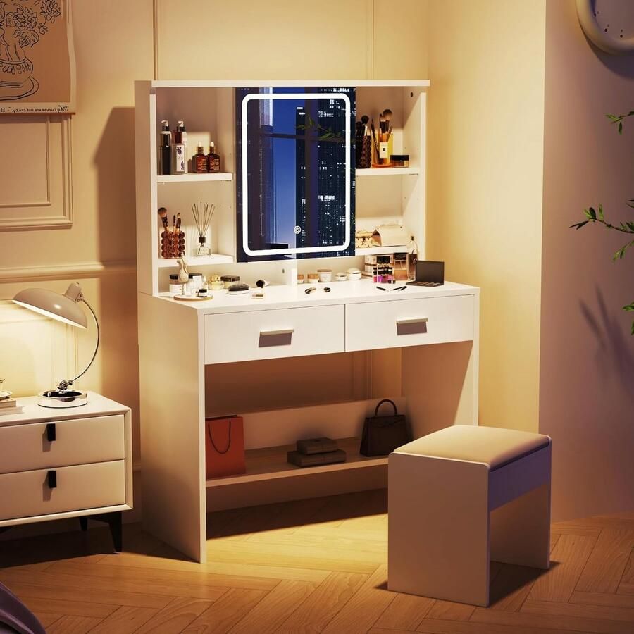 HomeByNicole Schminktisch mit LED-Beleuchtung 3 Helligkeitsstufen & Verstellbaren Regalen – Moderner Frisiertisch mit Großem Spiegel 2 Schubladen & Schmuckablage – Weiß Stilvoll & Funktional für Schlafzimmer