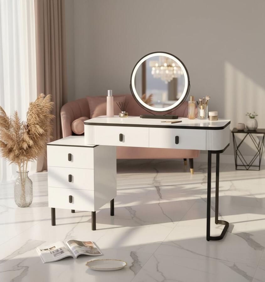 HomeByNicole Schminktisch mit LED Beleuchtung & Hocker – Höhenverstellbarer Spiegel 3 Lichtfarben 2 Stoffschubladen & Regal – Weißer Frisiertisch mit Stauraum 80×40×136 cm – Moderner Make-up Tisch für Schlafzimmer & Ankleidezimmer
