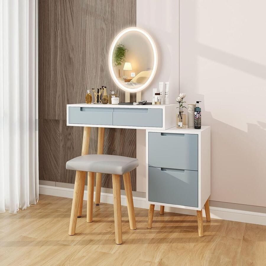HomeByNicole Schminktisch mit LED-Beleuchtung & Hocker – Moderner Frisiertisch mit Ovalem Spiegel 4 Schubladen & Dimmbarer 3-Farben-Lichtsteuerung – Platzsparender Kosmetiktisch aus Holz in Grau Weiß für Schlafzimmer & Ankleidezimmer