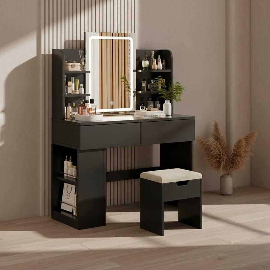 HomeByNicole Schminktisch mit LED Beleuchtung & Hocker – Moderner Frisiertisch mit Spiegel 2 Schubladen Offenen Fächern Verstellbarer Helligkeit & Farbtemperatur Kosmetiktisch 90x40x135 cm – Schwarz