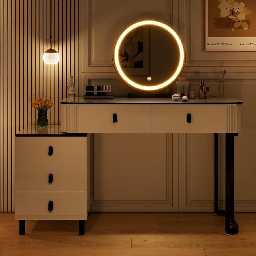 HomeByNicole Schminktisch mit LED Beleuchtung & Spiegel – Moderner Frisiertisch mit 5 Schubladen USB-Touch-Steuerung 3 Lichtmodi 360° Drehspiegel Weiß-Schwarz Design Perfekt für Schlafzimmer & Make-up-Bereich