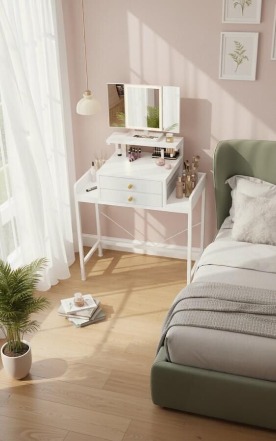 HomeByNicole Schminktisch mit LED Beleuchtung & Spiegel – Moderner Kosmetiktisch mit 2 Stoffschubladen – Einstellbare Helligkeit & Farbtemperatur – Weißer Frisiertisch für Schlafzimmer & Mädchenzimmer (70x31 5x92 c