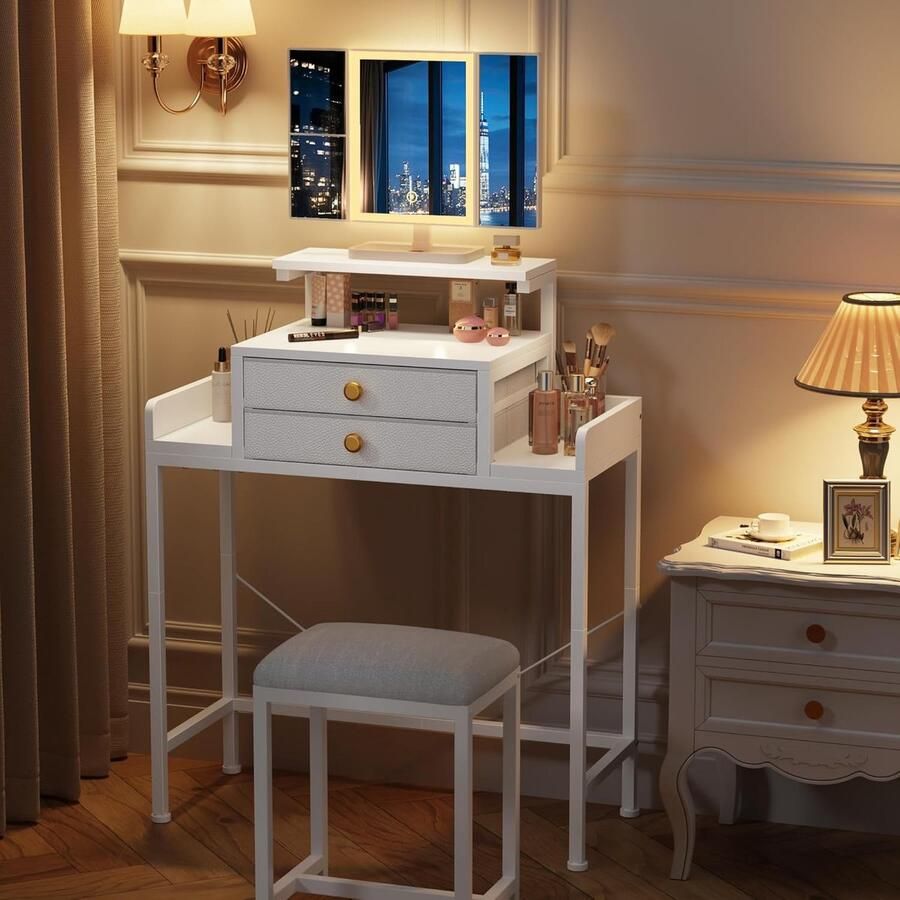 HomeByNicole Schminktisch mit LED Beleuchtung & Spiegel – Moderner Kosmetiktisch mit 2 Stoffschubladen Höhenverstellbar 3 Lichtfarben 360° Klappspiegel – Weiß – Kompakter Frisiertisch für Schlafzimmer & Mädchenzimmer