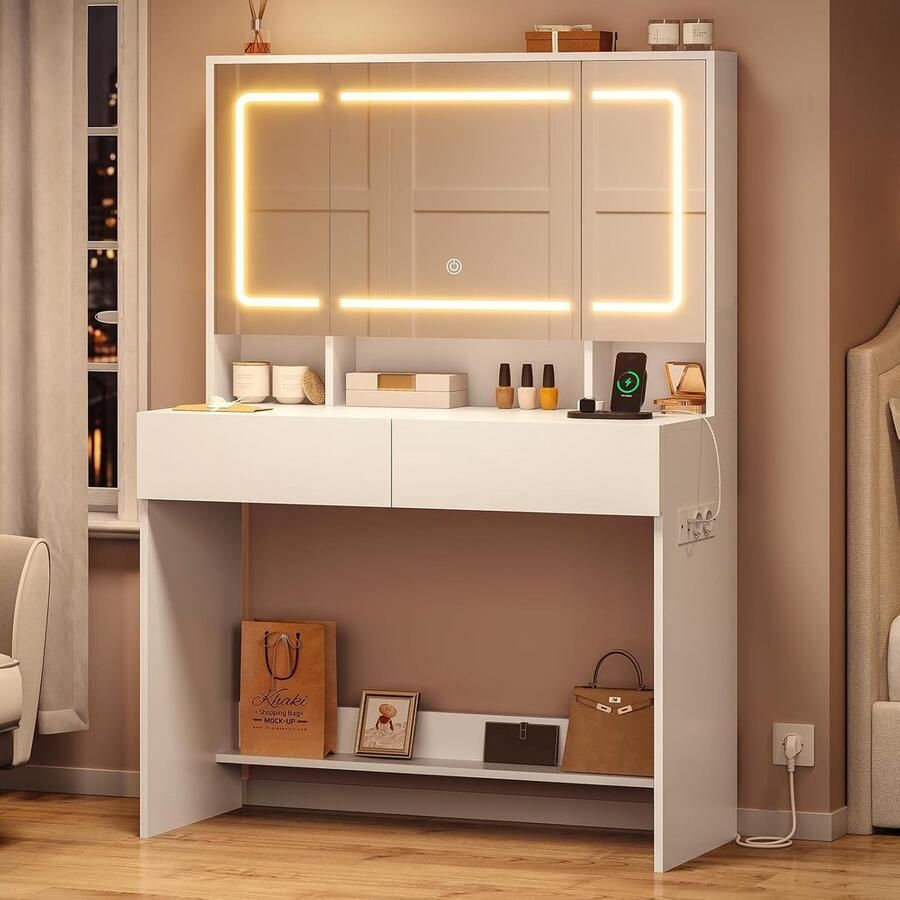 HomeByNicole Schminktisch mit LED Beleuchtung & Steckdosen – Moderner Frisiertisch mit Großem Spiegel 3 Farbmodi Verstellbarer Helligkeit 2 Schubladen & Verstecktem Stauraum – Weißer Kosmetiktisch für Schlafzimmer & Beauty-Liebhaber