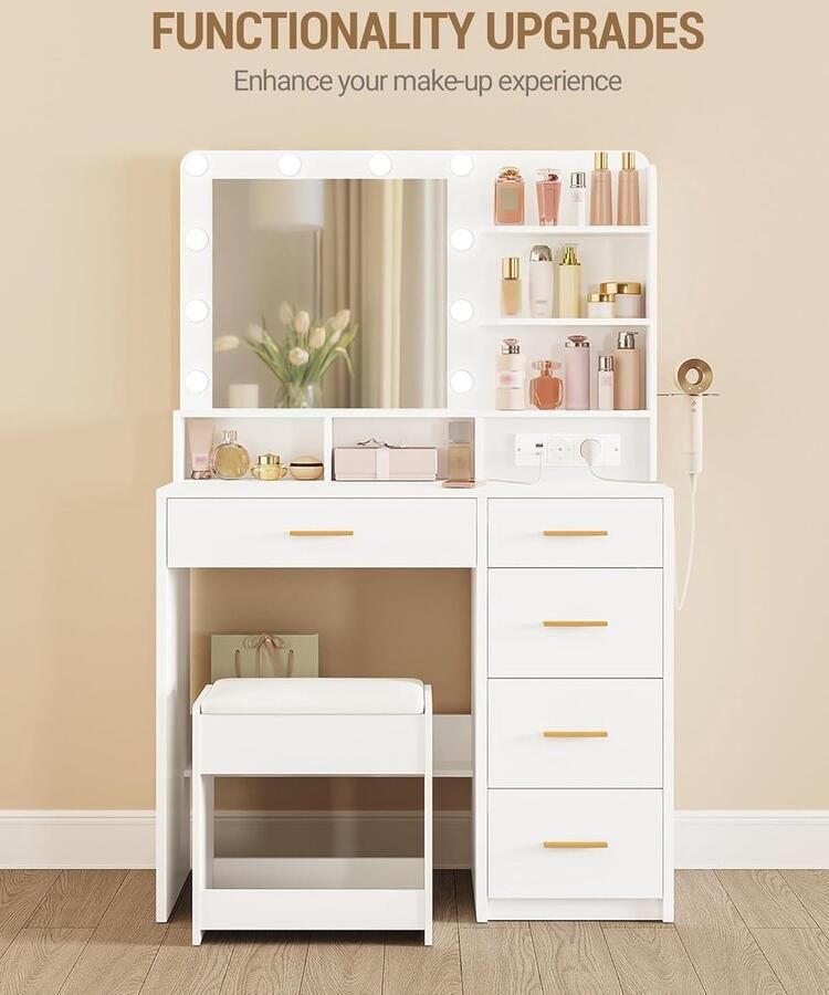 HomeByNicole Schminktisch mit LED Spiegel 10 Beleuchtungsmodi Weicher Hocker Viel Stauraum Haartrocknerhalter & USB Steckdosen – Moderner Frisiertisch für Schlafzimmer Make-up und Beauty Zubehör Weiß 40 x 90 x 139 cm