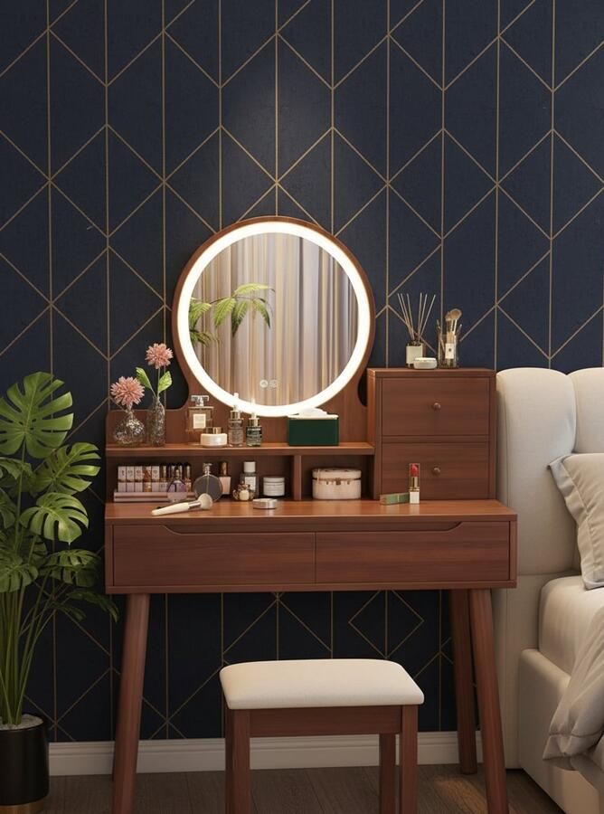 HomeByNicole Schminktisch mit LED Spiegel & 3 Lichtfarben – Moderner Frisiertisch aus Holz mit 4 Schubladen & Offenen Ablagen – Make-up Tisch mit Helligkeitseinstellung & Stauraum – Kosmetiktisch für Schlafzimmer – Braun 80x40x128 5 cm