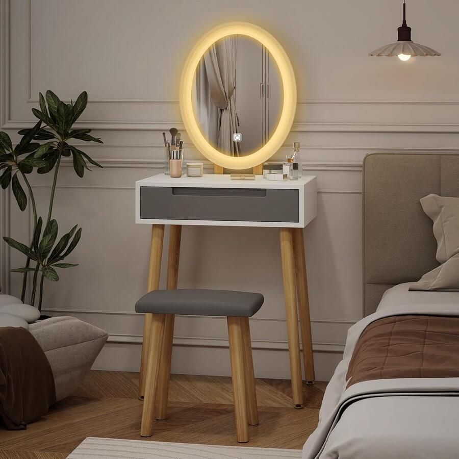 HomeByNicole Schminktisch mit LED Spiegel & Hocker – Moderner Frisiertisch mit Beleuchtung 3 Lichtfarben Touchscreen-Spiegel Schublade & Stauraum – Kosmetiktisch für Schlafzimmer – Grau 60x40x137cm