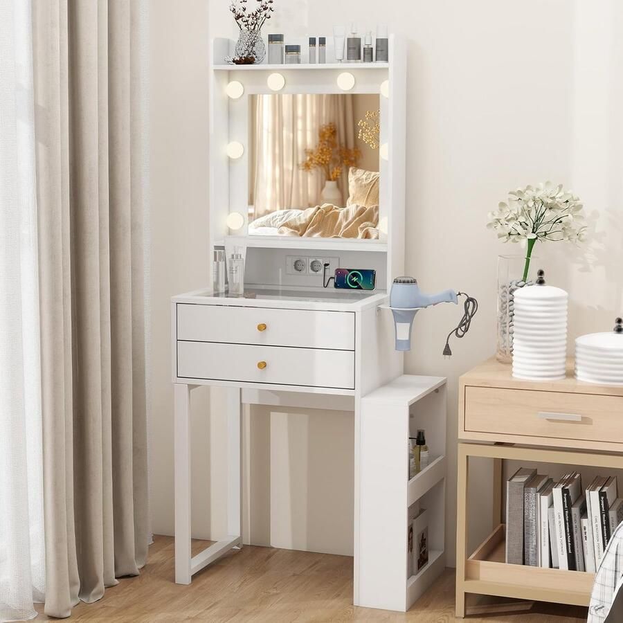 HomeByNicole Schminktisch mit LED Spiegel & Steckdose – Moderner Frisiertisch mit Glasplatte 2 Schubladen & Seitenschrank – Weißer Kosmetiktisch mit einstellbarer Beleuchtung & USB-Anschluss – Make-up Tisch Schlafzimmer Design