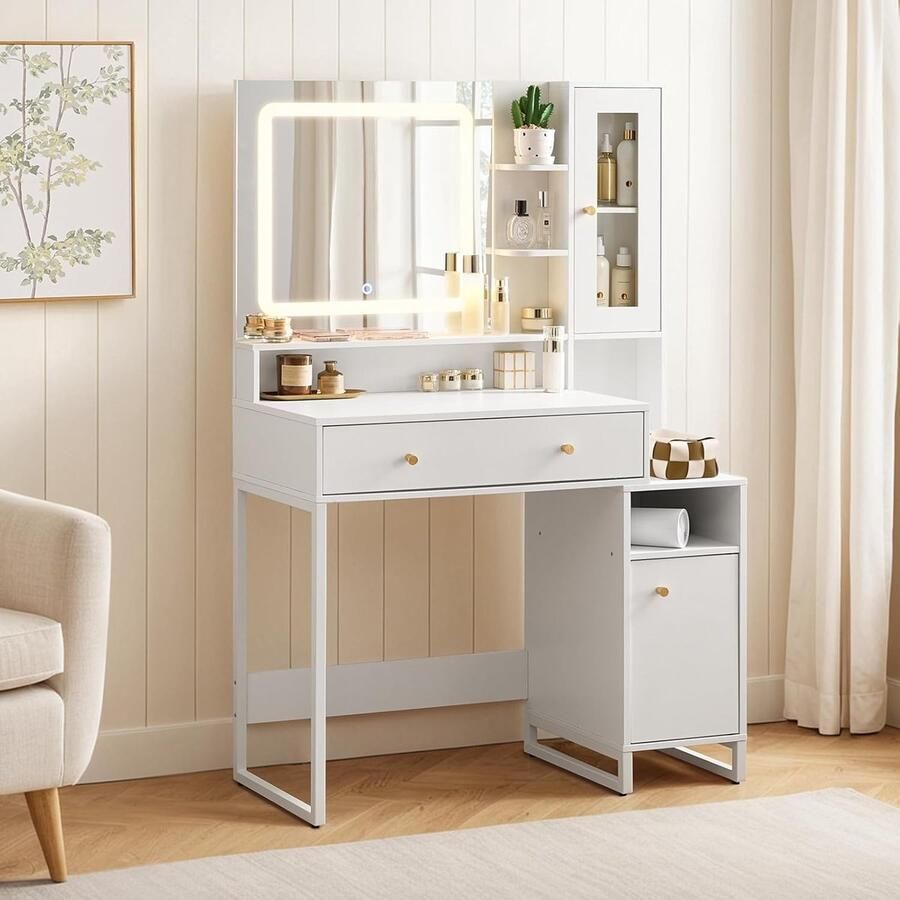 HomeByNicole Schminktisch mit LED Spiegel – Moderner Frisiertisch mit Beleuchtung 3 Farbtemperaturen Schublade & Regale – Weißer Kosmetiktisch mit Glasvitrine & Metallrahmen – 90x40x137 5 cm