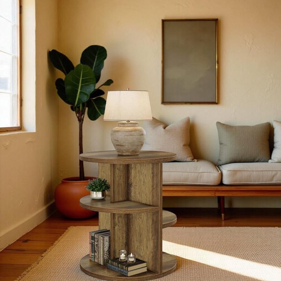 HomeByNicole Set van 2 Ronde Beistelltische – Houten Bijzettafels met 3 Lagen Opslag – Nachtkastje & Salontafel voor Woonkamer of Slaapkamer – 60×60×65 cm – Rustic Brown –