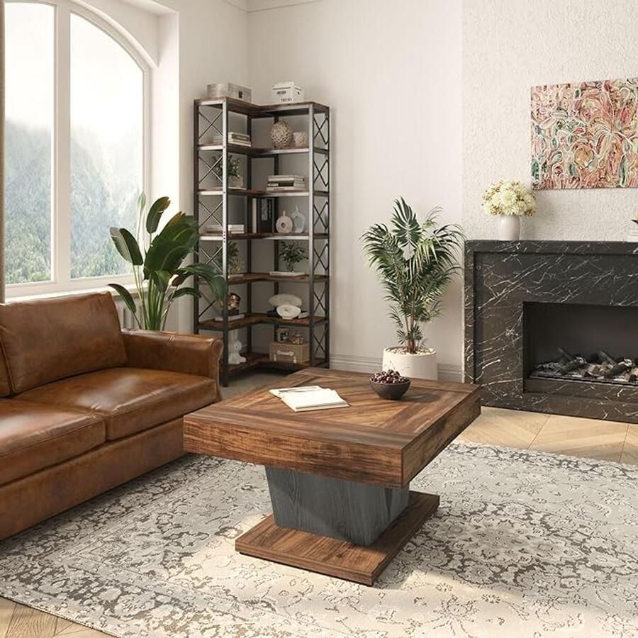 HomeByNicole Vierkante Houten Couchtisch 80x80 cm Moderne Salontafel met Industrieel Design Rustiek Bruin en Zwart Stevig MDF en Houtwerk Voor Woonkamer en Koffietafel