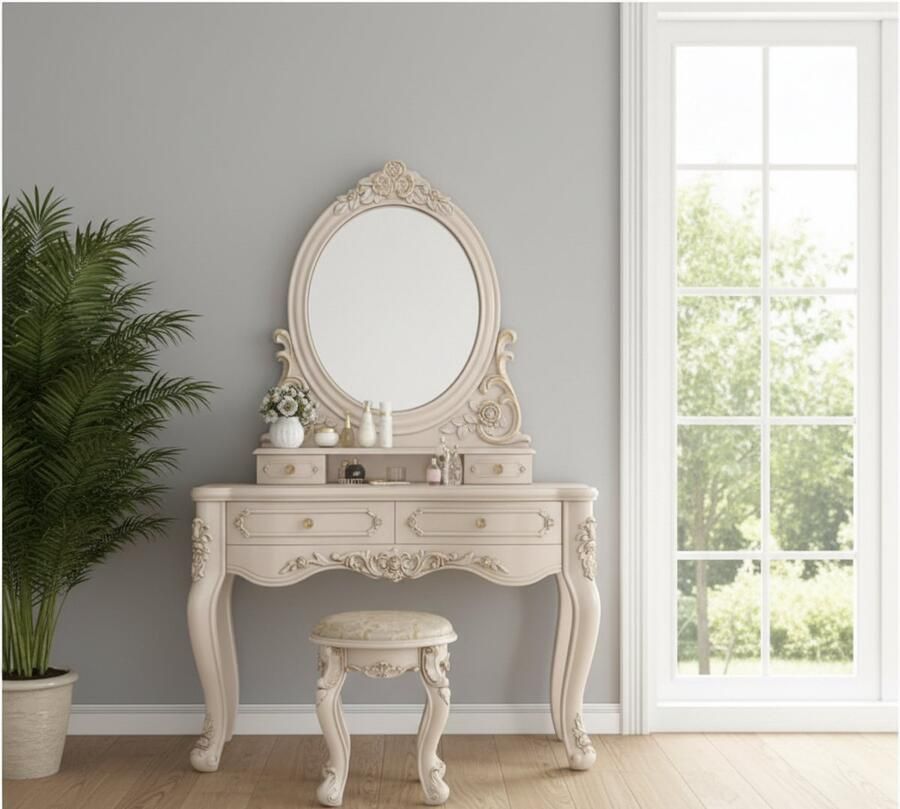 HomeByNicole Viktorianischer Schminktisch mit LED-Spiegel & Hocker – Barocker Frisiertisch 80cm in Weiß – Kosmetiktisch mit 4 Schubladen Touch-Steuerung & Dimmbarer Beleuchtung – Eleganter Schminktisch für Frauen & Mädchen