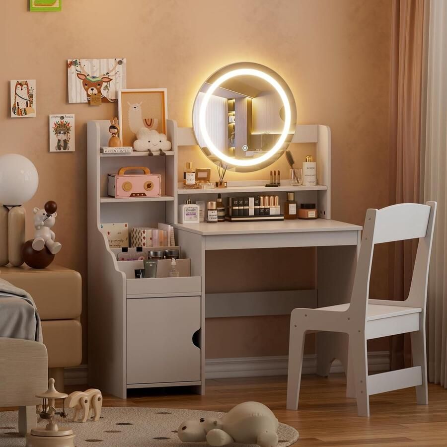 HomebyNocile 2-in-1 Kinder Schminktisch Prinzessin Set mit LED-Spiegel & Hocker – Holz Frisiertisch Mädchen mit Stauraum Bücherregal & Schrank – Kinderschminktisch Weiß ab 3–8 Jahren – Montessori Spielzeug & Geschenkidee HomeByNicole