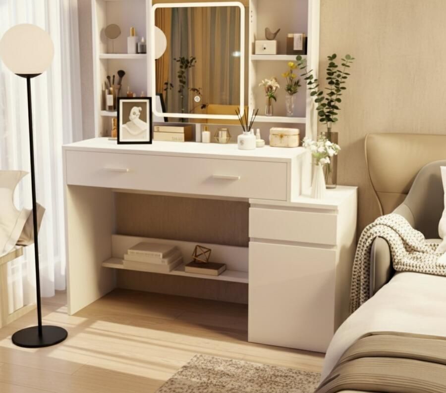 HomebyNocile Luxus Schminktisch mit LED-Beleuchtung – Großer Frisiertisch mit dimmbarem Spiegel 3 Farbtemperaturen 6 Fächern 3 Schubladen & Ablagen – Moderner Kosmetiktisch mit Stauraum 110x40x140 cm Weiß HomeByNicole