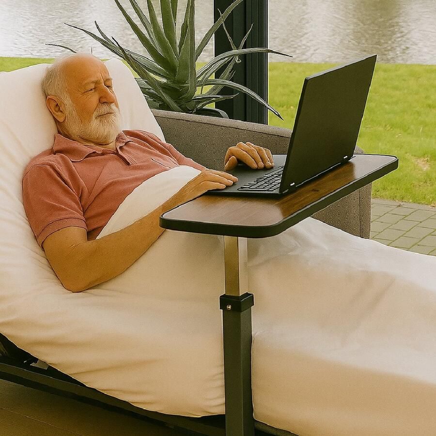 HomeCare Innovation BV Luxe kantelbare bedtafel op wielen (verstelbaar) Bruin Stoeltafel Met Wielen En Met 90° Kantel Blad Overbed Tafel Volledig Verstelbaar