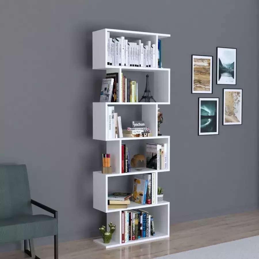 HomeDecora Kast Voor Boeken Opbergkast Rechthoekige Vakken Boekenkast Zigzag met 6 Vakken Wit Design Boekenrek Kast Opbergkast