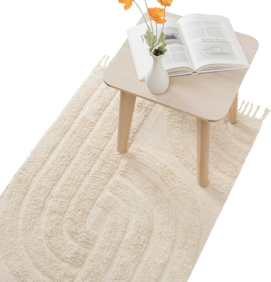 HOMELEVEL loper tapijt voor slaapkamer 80 x 150 cm Anti-slip katoenen vloerkleed Wasbaar Ook voor gang kinderkamer of woonkamer Licht beige
