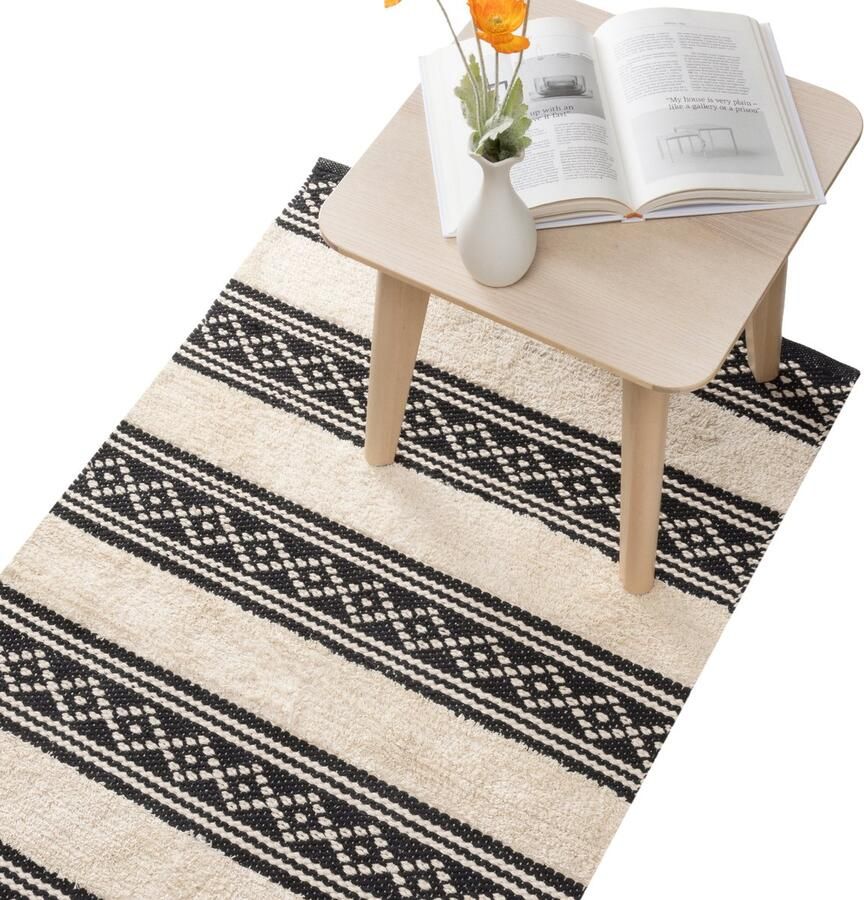 HOMELEVEL loper tapijt voor slaapkamer 80 x 150 cm Wasbaar katoenen vloerkleed Antislip Ook voor gang kinderkamer of woonkamer Zwart en wit