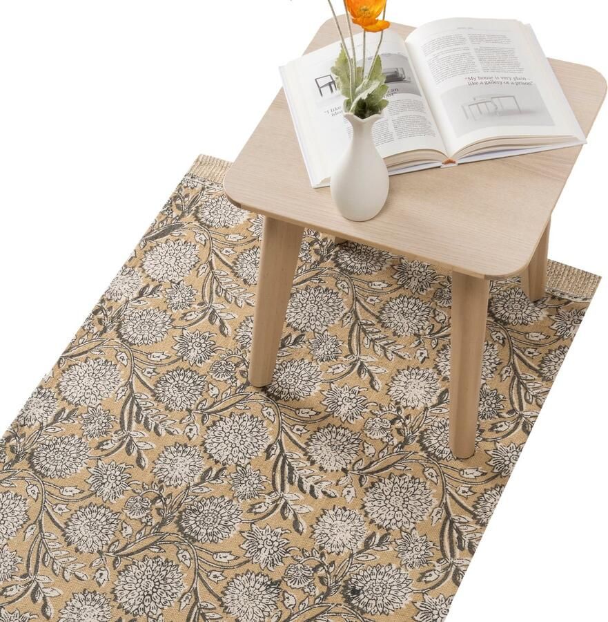 HOMELEVEL loper tapijt voor slaapkamer 80 x 150 cm Wasbaar katoenen vloerkleed Ook voor gang kinderkamer of woonkamer Bloemenprint beige