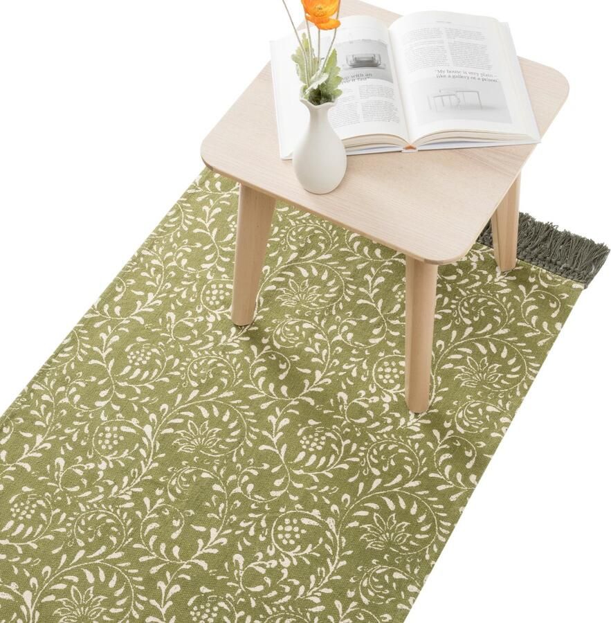 HOMELEVEL loper tapijt voor slaapkamer 80 x 150 cm Wasbaar katoenen vloerkleed Ook voor gang kinderkamer of woonkamer Bloemenprint groen