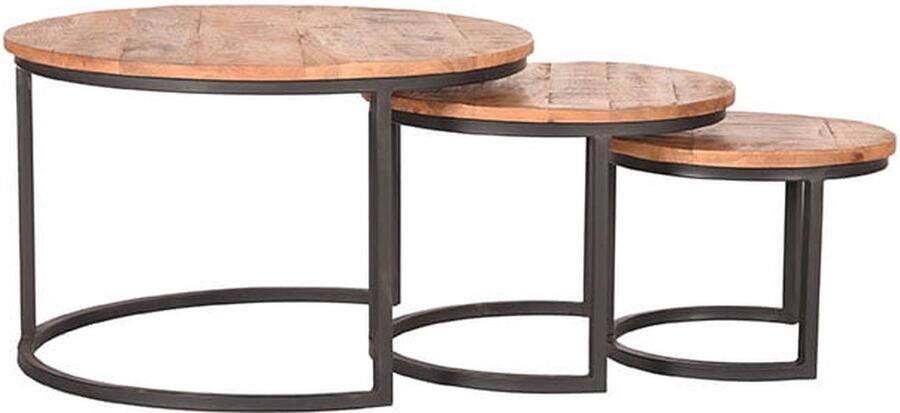 Homelounge Set van 3 Salontafels – Rond Mangohout – Metalen Frame – Industrieel Design – Ø70 57 42 cm – Houten Tafelset – Woonkamer Tafels