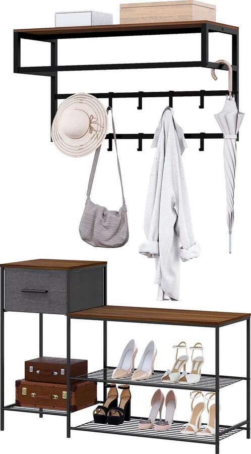 HomeNest Kledingrek met Schoenenbank Verstelbare Hoogte 2 Delig Garderoberek met Schoenenrek Wandkapstok Kapstok Schoenenrek Set Wandkapstok Met Plank 10 Haken 5 Niveaus Schoenenkast Met Lade Voor Hal Woonkamer