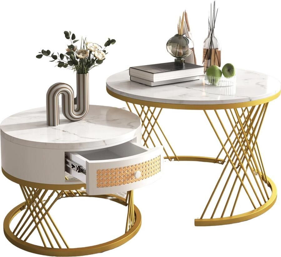 HomeNest Moderne Ronde Salontafel met Lade Salontafel met Opbergruimte Set van 2 PU hoogglans marmeren print salontafel met lade Goud Stevig Metalen Frame eenvoudige montage Ø70 cm en Ø50 cm Wit